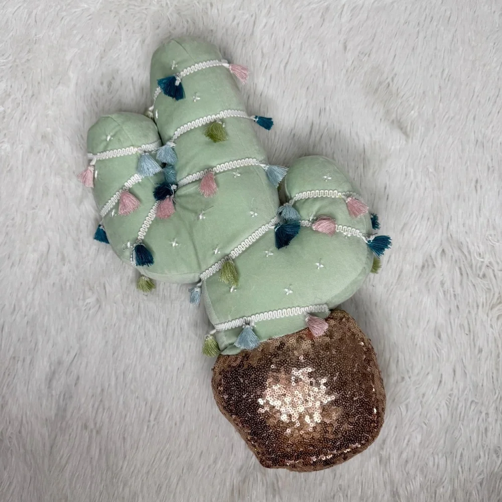 LAUREN CONRAD / green sequin pom pom boho cactus decor throw pillow